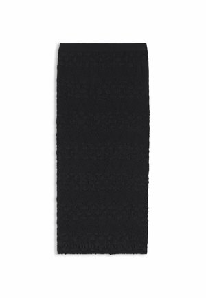 Zwarte textuur pencil skirt met een geometrisch patroon, met een aansluitende silhoeët en elastische tailleband. Over het geheel een gladde afwerking.