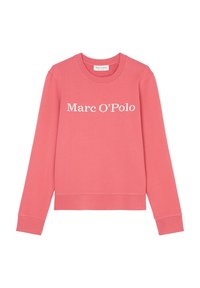 Coralowy różowy sweter z bawełny z dodatkiem włókien syntetycznych. Posiada okrągły dekolt, długie rękawy oraz logo "Marc O’Polo" w kolorze białym. Gładka tekstura.