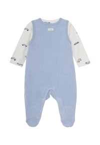 Salopette en coton bleu clair avec des manches longues blanches, ornée de petits motifs de voitures. Boutons-pression au bas pour un habillage facile. Texture douce.