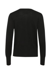 Pulover negru din tricot, cu mâneci lungi, gât rotund, textură moale, design minimal, siluetă ajustată, fără modele sau elemente metalice vizibile.