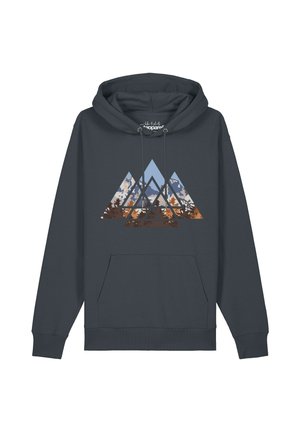 Dunkelgrauer Hoodie mit Fronttasche und Kordelzug, mit einer Grafik von geschichteten Bergformen, die mit Wald- und Himmelmustern gefüllt sind.