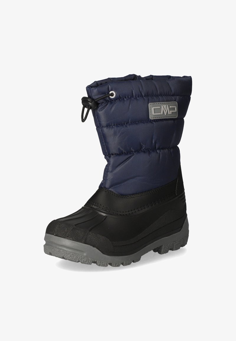Marine isolerede snestøvler med polstret tekstiloverdel, sort gummisål, grå såldesign, justerbar åbning og CMP-logo på siden.