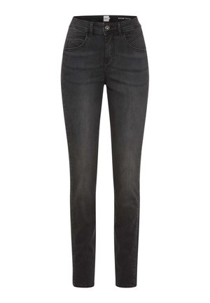 Black denim jeans with a slim fit, high waist, five-pocket design, and contrasting stitching. Smooth texture with minimal embellishments.