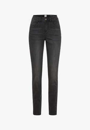 Black denim jeans with a slim fit, high waist, five-pocket design, and contrasting stitching. Smooth texture with minimal embellishments.