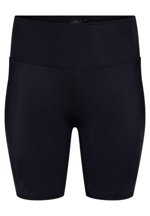 Black high-waisted cycling shorts made from smooth, stretchy fabric; knee-length with a flat waistband and no visible seams.