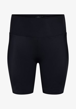 Black high-waisted cycling shorts made from smooth, stretchy fabric; knee-length with a flat waistband and no visible seams.