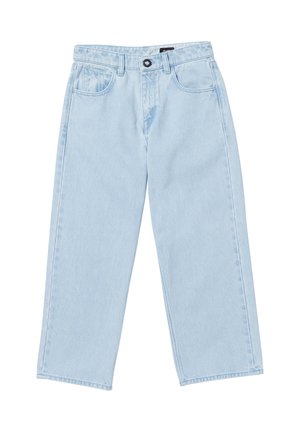 Jeans in denim azzurro chiaro con taglio dritto, design a cinque tasche e chiusura con bottone superiore. Il tessuto è morbido e ha una superficie liscia.