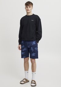 Črni pulover s kapuco z žepom spredaj in zlatim logotipom. Modri kopalni hlače s cvetličnim vzorcem. Izgled dopolnjujejo bele nogavice in rjavi sandali.