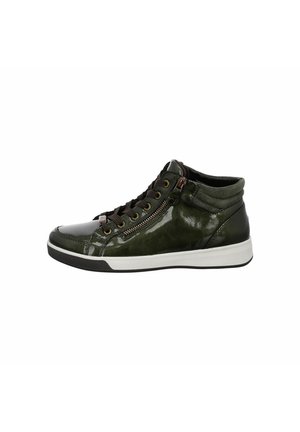 Sneaker montante en cuir verni vert foncé avec lacets marron et zip sur le côté. Doté d'un col rembourré et d'une semelle en caoutchouc blanche.