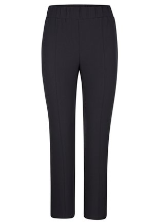 Pantaloni stretch neri con una vita elasticizzata, caratterizzati da una vestibilità slim e senza tasche visibili. Texture liscia e design minimalista.