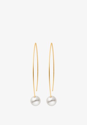 Goldfarbene, längliche Creolen mit glatten weißen Perlenakzenten am unteren Ende jeder Creole. Einfaches und elegantes Design.