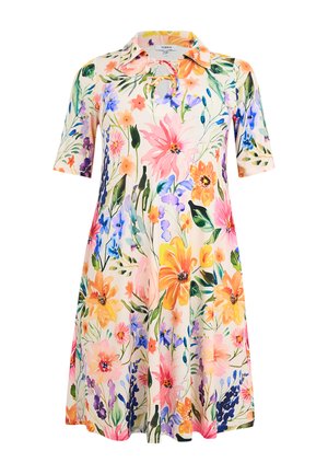 Robe à manches courtes, longueur genoux, imprimé floral coloré dans des tons de rose, orange, bleu et vert sur un fond clair.