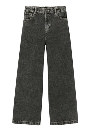 Jean noir à jambes larges et taille haute, fermeture avant à bouton, passants pour ceinture et poches avant et arrière, présenté sur fond blanc.
