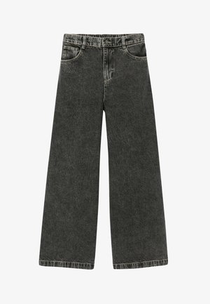 Jean noir à jambes larges et taille haute, fermeture avant à bouton, passants pour ceinture et poches avant et arrière, présenté sur fond blanc.