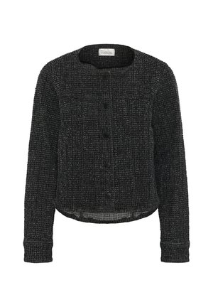 Fekete tweed, crop szabású zakó kerek nyakkal, gombos elülső résszel és elülső zsebekkel; texturált anyag finom mintával.