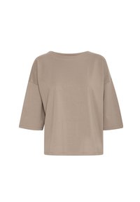 Beige kortærmet t-shirt lavet af blødt stof. Har en bred halsudskæring og en afslappet pasform med glat tekstur og oprettede kanter.