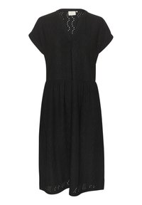 Vestido negro con mangas cortas, escote en V, patrón de tela de ojo de perdiz, cintura fruncida y falda fluida hasta la rodilla.
