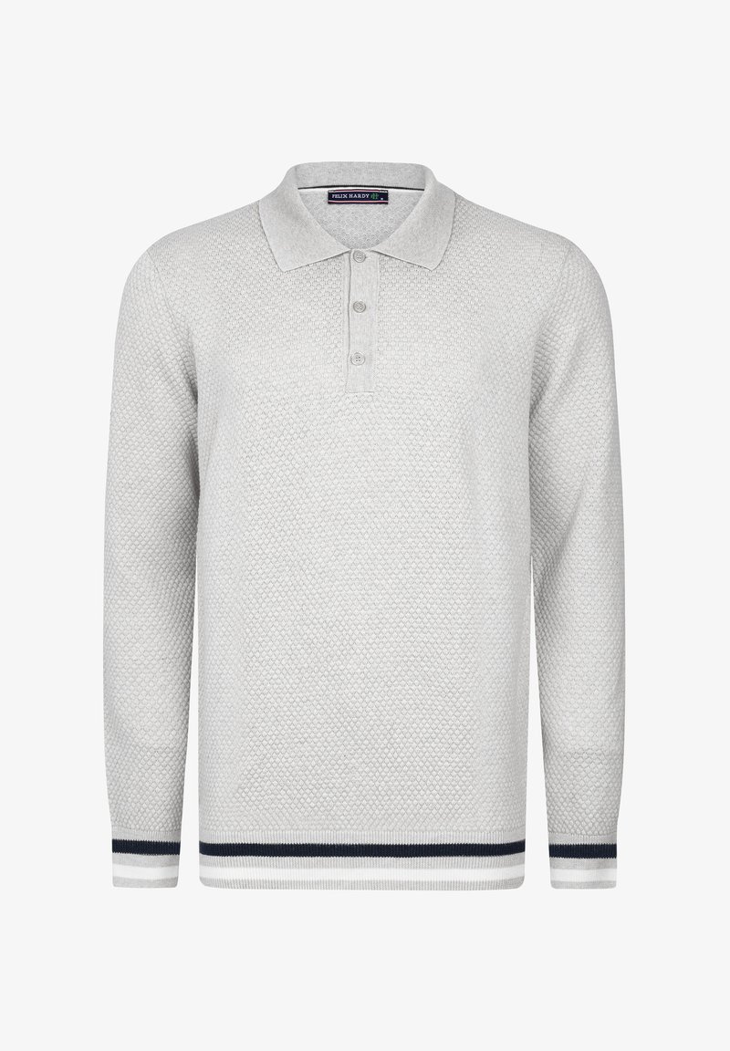 Jasnoszary, długi rękaw polo z teksturowanym wzorem, z listwą na trzy guziki i marynarskim paskiem na dole. Wykonane z dzianiny.