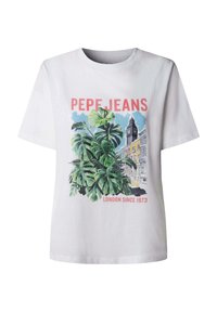 Weißes T-Shirt mit grünem tropischem Blätter-Design, Gebäuden aus London, rotem "PEPE JEANS"-Schriftzug und dem Text "LONDON SINCE 1973" darunter.