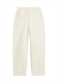 Off-white rechte broek met zijzakken, riemlussen en een strakke, minimalistische uitstraling.