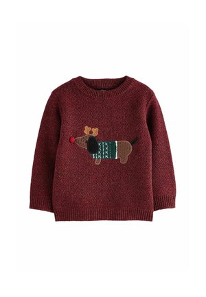 Pull en maille bordeaux avec un col rond, présentant un teckel brodé portant un pull vert, des accents marron et un nez rouge.