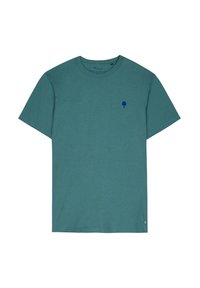 Teal katoenen t-shirt met korte mouwen. Heeft een klein blauw bomenlogo op de linkerkant van de borst en een merklabel aan de zoom.