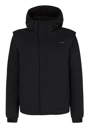 Black winter jacket with a high collar, textured fabric, zip closure, and side pockets. Features adjustable hood and cuffs for fit.