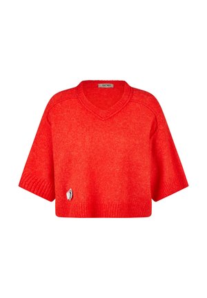 Bright red short-sleeve knitted sweater with a V-neck and ribbed hem, featuring a small white tag near the bottom left side.