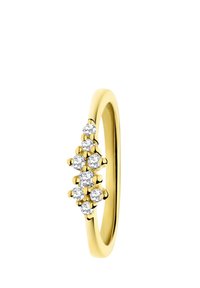 Gouden ring met een cluster van zes kleine ronde heldere edelstenen, met een gepolijst band en een gladde afwerking.