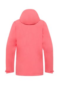 Giacca impermeabile rosa con cappuccio, maniche lunghe e polsini regolabili. Texture liscia e design minimalista, senza hardware visibile.