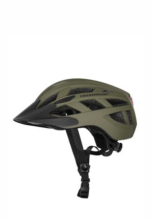 Olive green Swedemount bike helmet with black adjustable straps and ventilation holes, angled side view on white background.