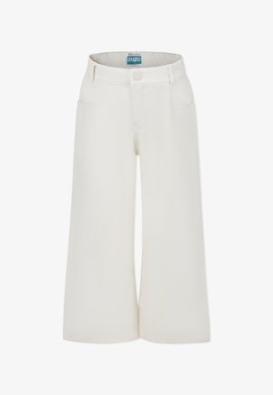 Pantalons large en coton blanc cassé. Présente des poches avant, une fermeture à bouton et une ceinture texturée pour plus de confort. Couture flat-felled.