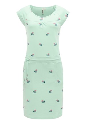Jasnozielona sukienka z krótkim rękawem, ozdobiona małymi różowo-zielonymi kwiatowymi wzorami, z detalem w postaci sznureczka w talii.