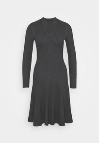 Abito a maniche lunghe in maglia a coste di colore grigio scuro, con scollatura a V e orlo svasato, realizzato in tessuto testurizzato e con corsetto aderente.