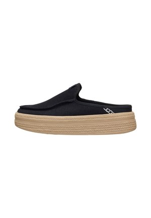 Black slip-on mule with thick beige textured sole and small white stitched detail on the side.