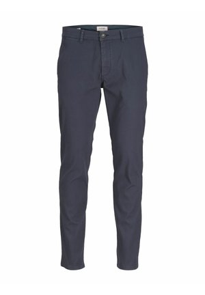 Pantalon décontracté ajusté pour homme, bleu foncé, avec passants pour ceinture, boutonnage frontal et fermeture éclair, présenté sur un fond blanc.