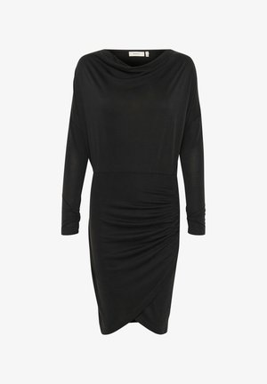 Sort kjole med lange ærmer og en cowl-udskæring. Har samlet detaljer på siden og en let draperet silhuet.