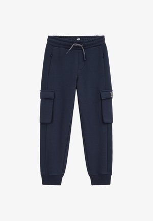 Pantalon de survêtement cargo bleu marine avec taille élastique, cordon de serrage, poches latérales, poches cargo sur les cuisses et poignets côtelés aux chevilles.