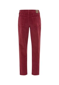 Pantaloni in corduroy bordeaux con design a gamba dritta, cinque tasche, una patch in pelle in vita e una finitura morbida e strutturata.