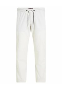 Weiße Jogginghose mit elastischem Bund und schwarzem Kordelzug. Glatte Textur und gerades Bein-Design, geeignet für Freizeitkleidung.