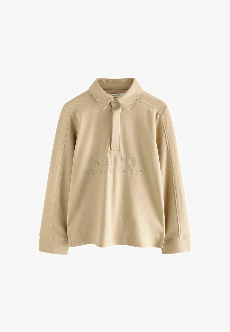 Beeži pikka varrukaga polo-särk, millel on krae, nööbi kinnitamine ja esimeses osas tikitud "BAKER BY TED BAKER" logo. Pehme ja sile kangatekstuur.