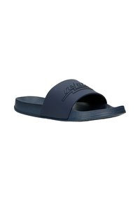 Navy blue rubber slide sandal with an open toe and textured footbed. Features embossed logo across the top strap. Subtle grain detail on sole.