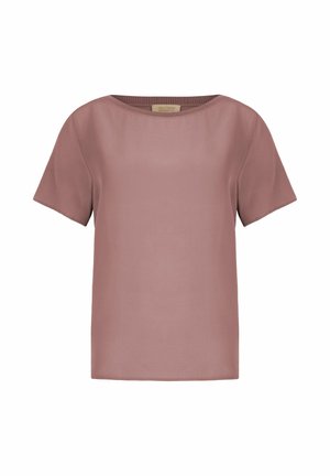 Dames top met korte mouwen in stoffig roze, met een ronde hals, een gladde textuur en een label aan de binnenkant van de kraag.
