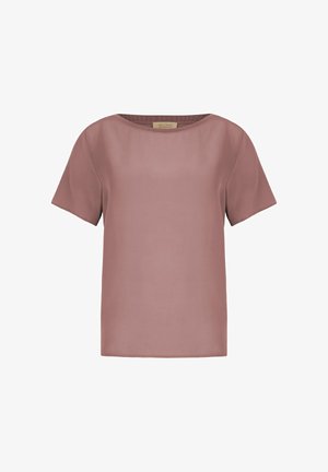 Damenoberteil mit kurzen Ärmeln in staubigem Rosa, rundem Halsausschnitt, glatter Textur und einem Etikett innen im Kragen.