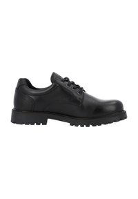 Schwarze Lederschuhe mit runder Zehenpartie, glatter Oberfläche, sechs Ösen-Schnürung und einer robuste Gummisohle, ausgestattet mit einem niedrigen Absatz und dezenten Designakzenten.