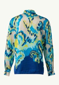Langsleeve blouse met een veelkleurig abstract patroon in blauw, geel en groen. Gladde stof met een klassieke kraag en knoopsluitingen bij de mouwen.