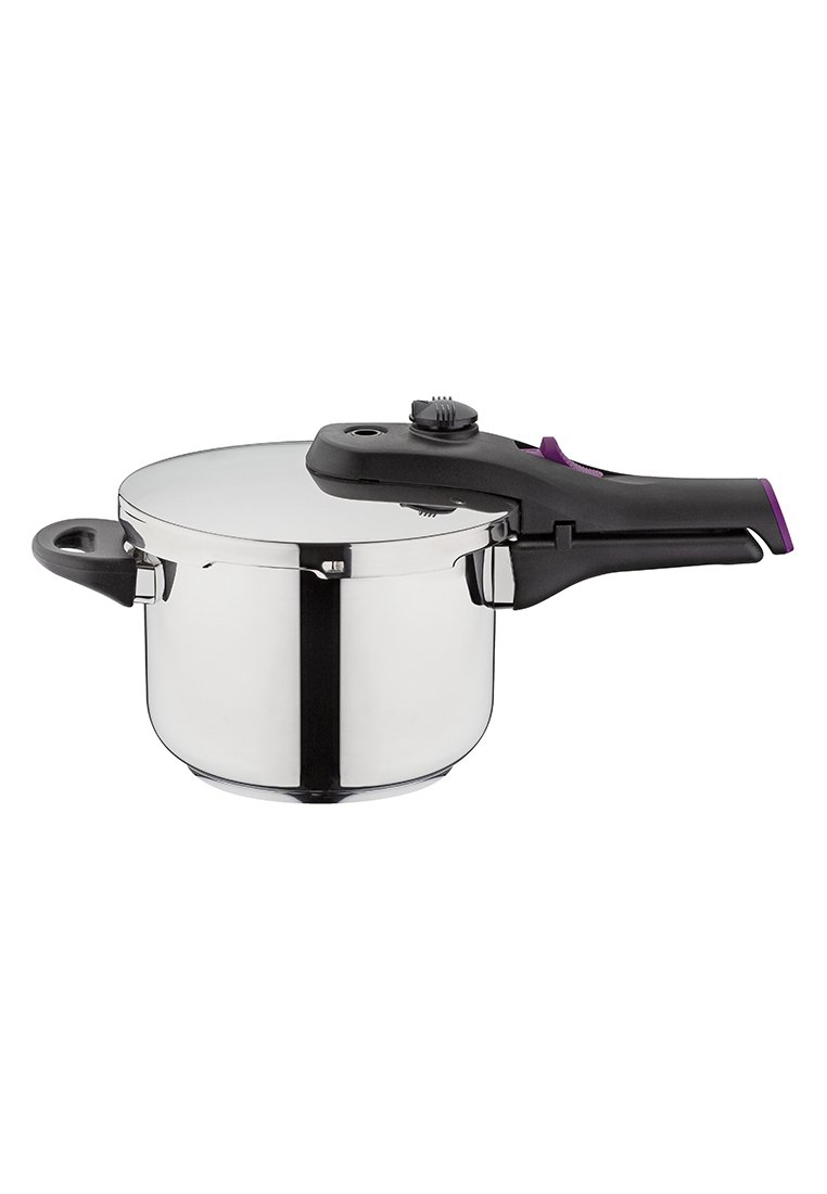 Autocuiseur en acier inoxydable avec une poignée en plastique noir, des accents violets et un couvercle rond. Il possède un cadran de contrôle de la pression.