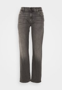 Jeans in denim grigio a gamba dritta con vita alta, caratterizzati da dettagli strappati e design a cinque tasche, completati da chiusura con bottone e zip.