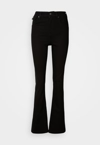 Jean noir évasé en tissu mélange de coton, avec taille haute, cinq poches et fermeture par bouton métallique et braguette zippée.