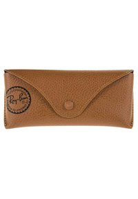 Brown leather glasses case with a textured finish, featuring a button closure and a round logo patch in black on the front.